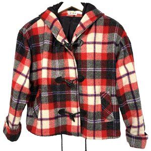 S/M Vtg 60s 70s Red Black Blanket Plaid Tartan Wool Toggle Hooded Oversized Coat
